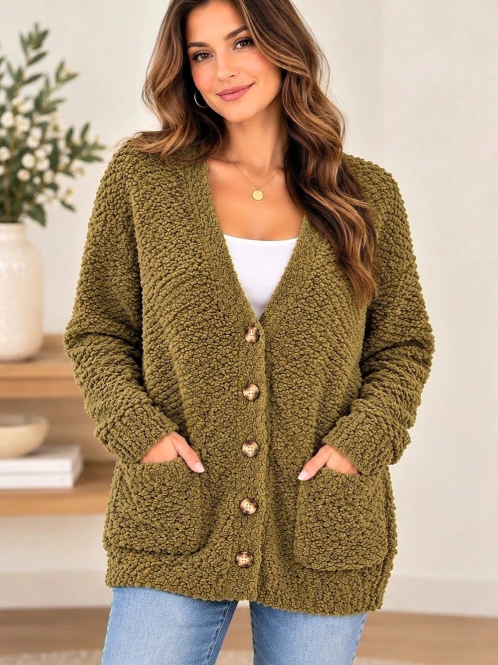 ZENANA Popcorn Knit Button-Front Cardigan with Pockets Green Small
